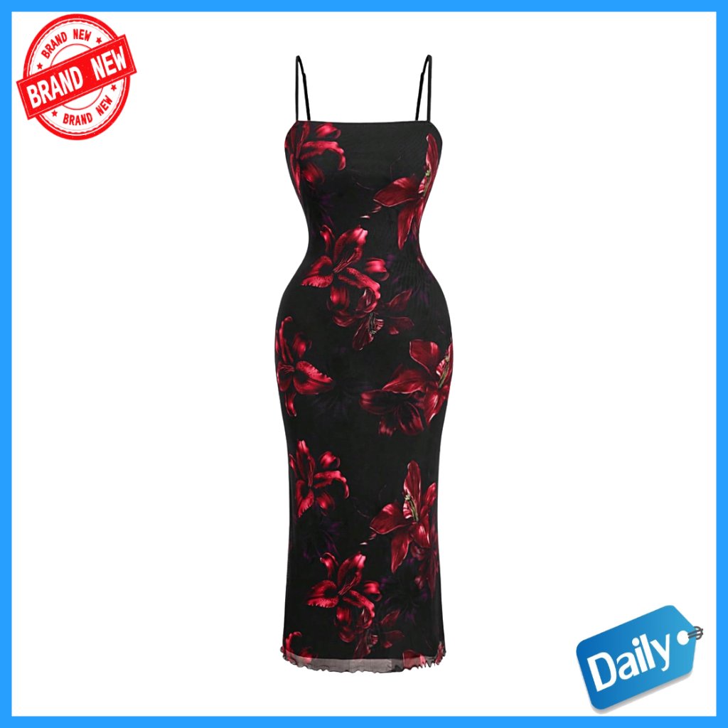 Y2k Floral Bodycon Dress Backless Square Neck Midi Going Out Party Wear